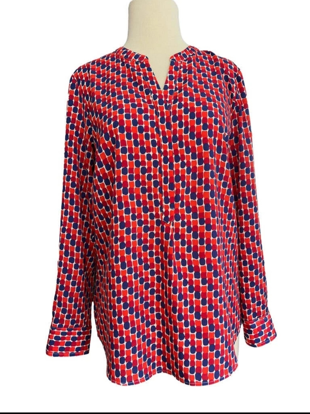 Talbots Red and Blue Geometric Split-Neck Blouse
